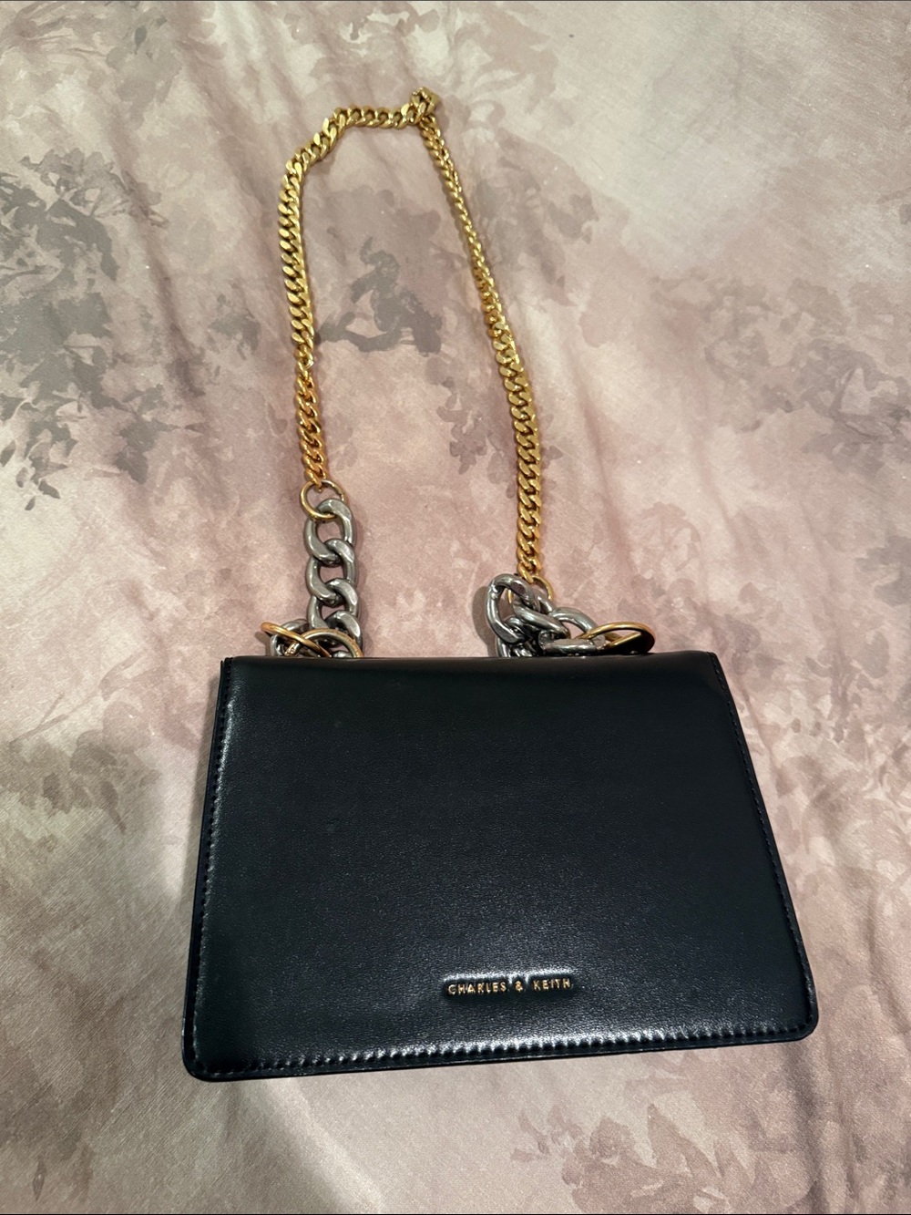 Charles & Keith Black Leather Shoulder Bag with Mixed Metal Chain Strap
